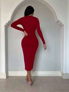 Zolique Plunging Neck Split Thigh Ruched Bodycon Dress Maxi Women Outfit - Burgundy - View 2