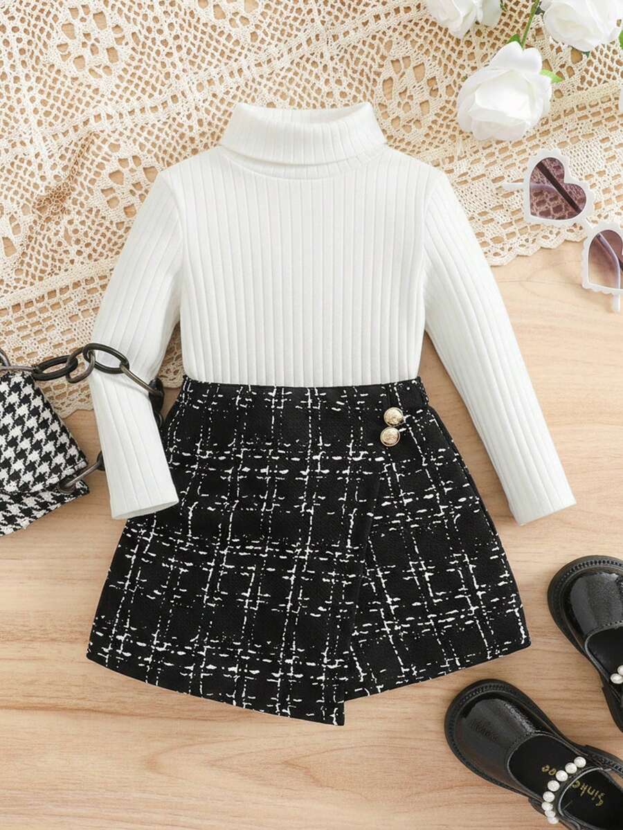 SHEIN 2pcs Baby Girl Knitted Black Long Sleeve Top And Plaid Elastic Waist Shorts Set, Autumn/Winter Autumn And Winter Two Piece Suit Girls Winter Outfit Sets Two Piece Winter Outfits For Toddler Girl Toddler Girl Skirt Set