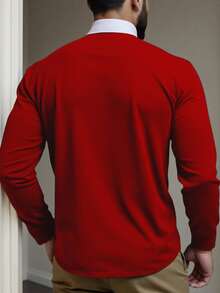 ResortEase Camisa polo de manga larga casual con bordado y ribete de contraste para hombres de talla grande, camisa polo de rugby de manga larga roja, otoño