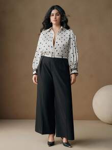 Anewsta Polka Punkt Kontrast Kragen Langarm Bluse in Große Größen, Lässig Resort Stil, geeignet für Herbst, Winter, Neujahr, elegant, schick, stilvoll, Weihnachten, Ausgehen - Schwarz und Weiss - Übersicht 6