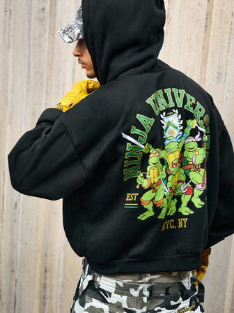 TEENAGE MUTANT NINJA TURTLES X ROMWE Lässiger Kapuzenpullover mit Schildkröten- und Buchstabengrafik für Herren, Herbst, Drop-Shoulder
