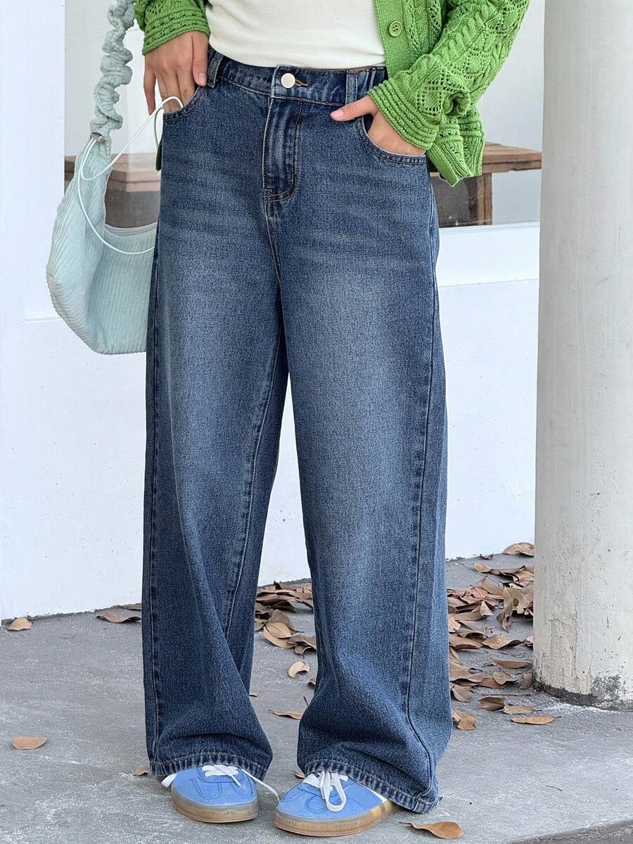 DAZY 女童蝴蝶结刺绣牛仔裤 - 藍色 - 查看 1