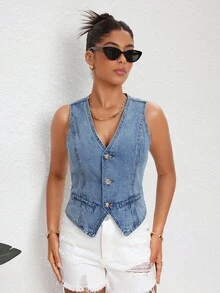 Selenza Chaleco de mezclilla informal de un solo pecho para mujer de verano - Azul lavado medio - Ver 4