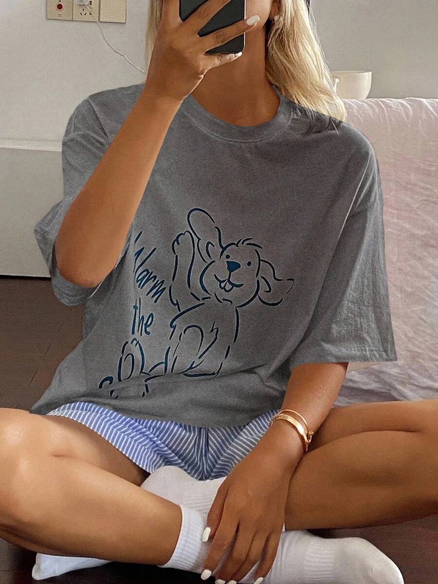 DAZY 狗狗印花宽松T恤上衣和条纹短裤女式睡衣套装 - 灰色 - 查看 1