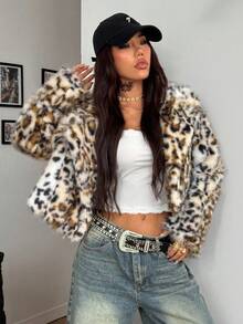 Coolane 女士冬季街头风复古时尚锐舞Y2K洞穴豹纹猎豹印花人造毛皮保暖御寒宽松长袖人造毛皮外套 - 彩色 - 查看 3