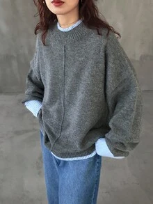 FRIFUL 女士撞色圆领二合一落肩长袖宽松休闲套头毛衣，秋季 - 灰色 - 查看 3