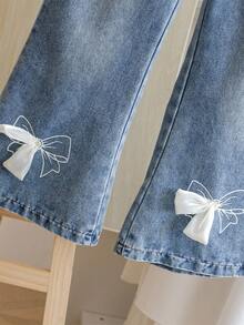 SHEIN 年轻女孩粉色条纹蝴蝶结衬衫和喇叭腿牛仔裤套装 - 粉色 - 查看 7