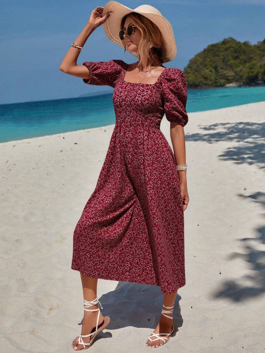 SHEIN Cottnline 泡泡袖印花休闲度假连衣裙 - 彩色 - 查看 1