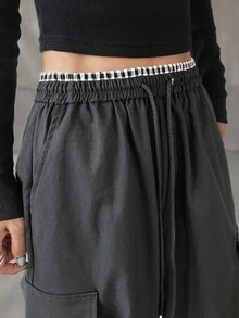 FRIFUL 女式腰部格纹拼布直筒工装运动裤女式慢跑裤 - 藏蓝色 - 查看 2