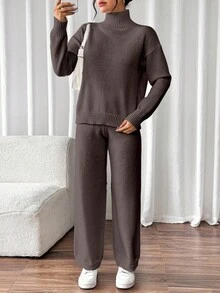 SHEIN 2件套休闲纯色立领毛衣和针织裤，秋冬 - 棕色 - 查看 5