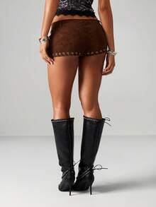 MISSGUIDED Quần short lễ hội bằng da lộn, buộc dây, cạp cao, họa tiết phong cách Hippie mùa hè, quần short dự tiệc bãi biển kiểu phương Tây, phong cách Rave, Bohemian - Cà phê nâu - Xem 2