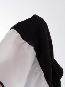 SHEIN Playful Pals 1 件时尚、甜美、可爱、优雅的女婴黑色长袖拼布白色连衣裙，胸前饰有精致的玫瑰纽扣，适合街头穿着和派对穿着，春秋季 - 黑色 - 查看 5