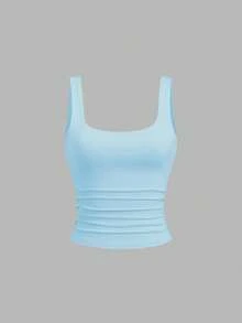 Sweetra Solid Color Pleated Scoop Neck Casual Fashion Tank Top, Summer - Multicolor - View 3