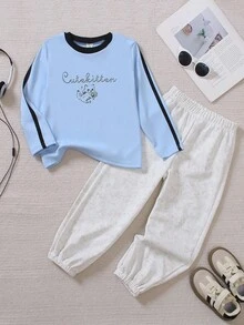 Genkimix Kids Conjunto de 2 piezas de sudadera de manga larga con estampado de gato azul claro y pantalones holgados de felpa gris claro con cordón para niñas de 4 a 7 años, adecuado para deportes, vacaciones, otoño/invierno, uso escolar - Multicolor - Ver 3