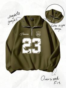 Attitoon Women's Back To School, 23 Vintage Pattern, Retro Autumn Loose Fit Half Zip High Neck Fleece Sweatshirt, Suitable For Autumn/Winter - Army Green - View 2