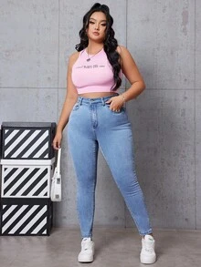 SHEIN EZwear Plus Size Casual Slim-Fit Washed Denim Pants - Medium Wash - View 4