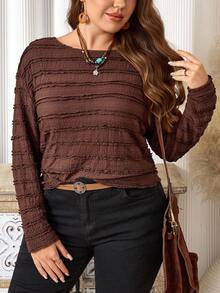 EMERY ROSE Plus Size Women Winter Fall Contry Casual Vacation Round Neck Long Sleeve Top, Autumn/Winter, Brown Long Sleeve Top,Long Sleeve T-Shirt ,Going Out Outfits,2025 New Clothes ,Fall Top,Simple And Fashionable For Everyday Wear,Brown Top ,T-Shirt,Christmas Outfit For Women ,New Year Clothes