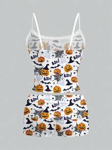 Glamance Vecteezy Halloween Sexy Pumpkin, Ghost, Bat, Spider Web Cute Print Lace Camisole And Ruched Shorts 2 Pieces Set, Suitable For Halloween, Party, Intimate Apparel