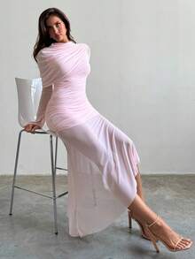 Aloruh Women's Autumn/Winter New Pink Wrap Long Sleeve Mesh Ruched Bodycon Mock Neck Fishtail Dress - Pink - View 8