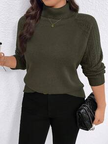 EMERY ROSE Plus Size Women Casual High Neck Pullover Sweater, Winter - Dark Green - View 5