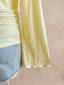 Soleia Camiseta con volantes y cuello de lentejuelas para mujer de talla grande, adecuada para fiestas y vacaciones - Amarillo claro - Ver 3