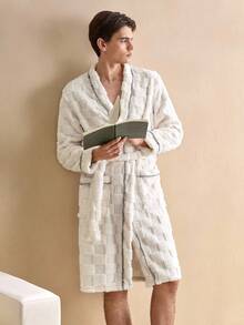 Men's Contrast Stitching Belted Robe, Autumn/Winter, For Fall, Fluffy Fleece Robe, Cozy - White - View 4