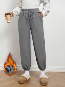 SHEIN LUNE Women's Solid Color Drawstring Waist Pockets Casual Jogger Pants Women's Autumn Winter Pants Going Out Pants - Dark Grey - View 1