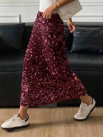 Strévra Jupe fendue élégante ornée de sequins pour femmes, Noël et Nouvel An