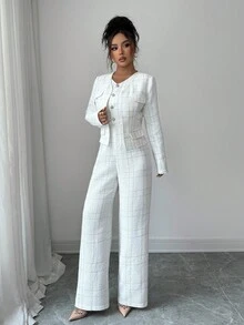 Selianne 女士优雅套装：白色无袖收腰连体裤和厚羊毛短款夹克，秋冬两件套 - 白色 - 查看 6