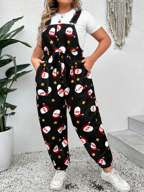 EMERY ROSE Plus Size Women Santa Claus Print Pocket Casual Jumpsuit