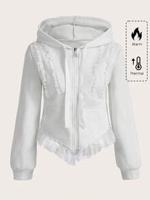 ROMWE Kawaii Women's Contrast Lace Ruffle Trim Zip Front Casual Sweatshirt