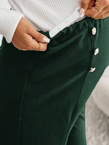 SHEIN Maternity Solid Color Adjustable Waist Button Design Wide Leg Casual Pants - Dark Green - View 7