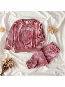 Loomiva 2 件套女婴字母图案针织柔软圆领长袖套头衫和松紧腰裤套装 - 粉色 - 查看 2