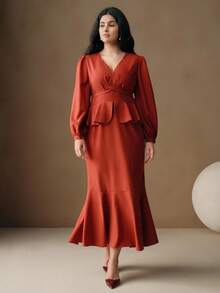 Anewsta Plus Size Women's Rust Orange V-Neck Ruffle Hem Midi Dress,Autumn Elegant Wedding Guest Party Gown,Chic Stylish Casual Cozy Christmas New Year Outfit - Rust Brown - View 3