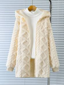 SHEIN Sudadera con capucha de manga larga y largo medio con línea A de unicolor esponjoso para niñas/adolescentes, adecuado para salidas y uso en casa, otoño/invierno