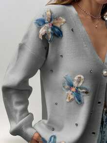 SHEIN Woman Appliques And Rhinestones Detailed Button Front Cardigan - Grey - View 6