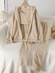 3pcs/Set Big Girl Plush Hooded Vest, Long Sleeve Jacket And Pants, Soft & Comfortable Solid Color Casual Loungewear Set, Autumn/Winter - Apricot - View 1