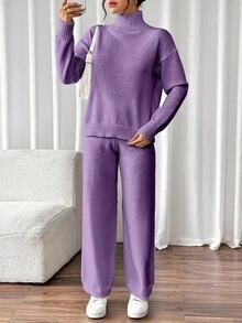 SHEIN Raffinéa 女式纯色高领落肩长袖毛衣和针织裤休闲两件套，秋冬 - 紫色 - 查看 5
