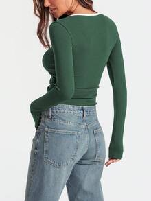 INAWLY Camiseta casual de cuello redondo de manga larga para mujer, primavera y verano - Verde Oscuro - Ver 2