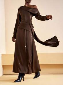 Zivah Elegant Autumn Shades Of Brown Ruffle Asymmetrical Shoulder Long Sleeve Top And Long Skirt 2-Piece Set,Women's Thanksgiving Dining Party Outfit - Brown - View 3