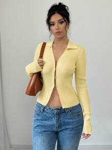 Elenzga Áo khoác cardigan dệt kim ôm sát cổ bẻ tay loe màu trơn dành cho nữ - Màu vàng - Xem 5