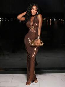 BamGleam Women's Sexy Hollow-Out Metal Shell Dress - Brown - View 3