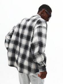 SUMWON Plaid Flannel Button Down Oversized Winter Shacket With Chest Logo Patch Regular Collar Long Sleeve Street Style Casual Outerwear - Black and White - View 2