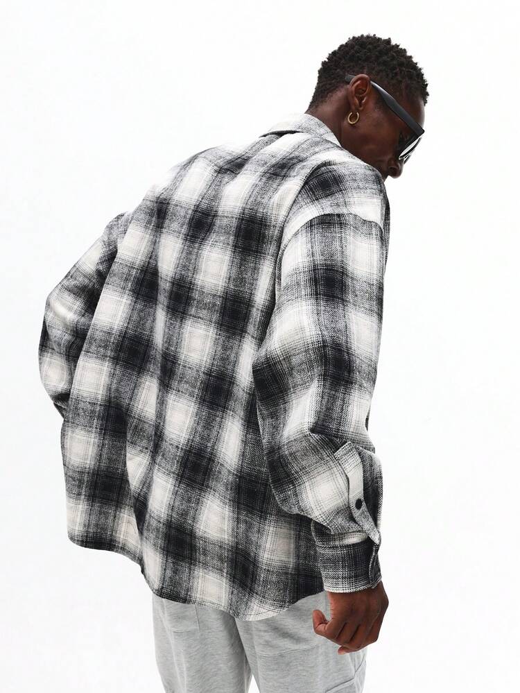 SUMWON Plaid Flannel Button Down Oversized Winter Shacket With Chest Logo Patch Regular Collar Long Sleeve Street Style Casual Outerwear