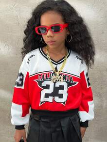 Coolane Kids Tween Girl Autumn Streetwear Graphics Red And White Checkered Black V-Neck Crop Long Sleeve Sweatshirt, School Girl, Comfortable, With Fleece, School - Burgundy - View 4