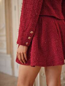SHEIN Glamour 2 件套女士勃艮第简约金色金属纽扣装饰长袖夹克和 A 字裙套装，秋冬装，女士商务休闲套装 - 紅色 - 查看 7