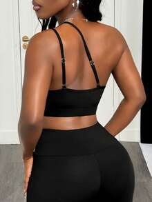 Slaydiva 單肩網眼插入運動胸衣，女式網球裝 - 黑色 - 查看 2