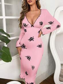 SHEIN Váy ngủ dài tay họa tiết hoa sọc cổ chữ V viền bèo nhún trang trí nơ cho nữ, mùa đông - Hồng - Xem 5