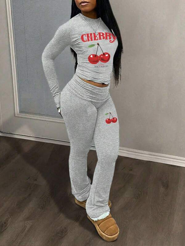 Slaydiva 2025fall Clothes For Women/Winter Clothes For Women/Sets 2 Pieces Women/Flare Jeans/Long Sleeve Tops/Casual Round Simple Collar Long Sleeve Yoga Pants Short Pleated Top Yoga Wide Leg Pants Flared Pants Trousers Women's Two Pieces Suit/Cherry Graphic/Y2k Clothes/Streetwear/Going Out Tops Women/