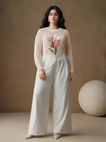 Anewsta Maglione elegante stile francese, ricamato con motivi floreali, collo rotondo, taglie comode, adatto per autunno/inverno - Bianco - Visualizzare 7